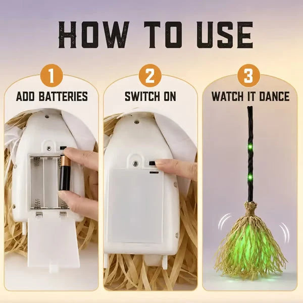 🧙‍♀️🧹Magic Halloween Animated Moving Witch Broom Light‑Sound‑Motion