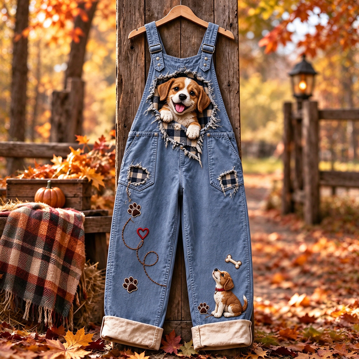 🐶Cute Dog Print Denim Overalls
