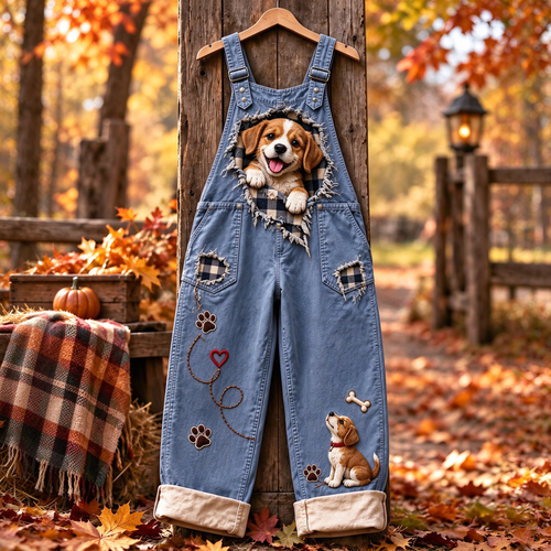 🐶Cute Dog Print Denim Overalls