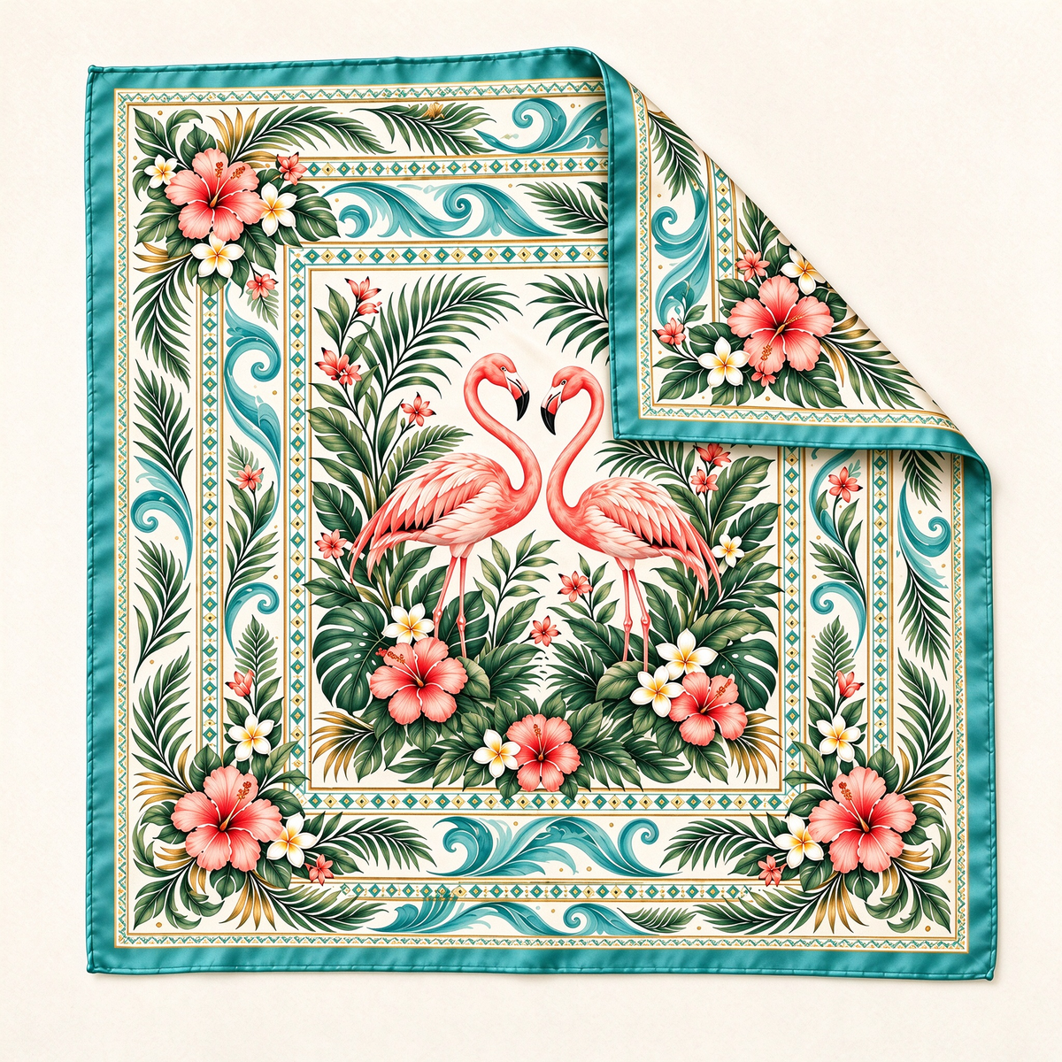 Vintage Flamingo Floral Silk Scarf 🦩 Elegant Tropical Square Scarf, Women Fashion Accessory