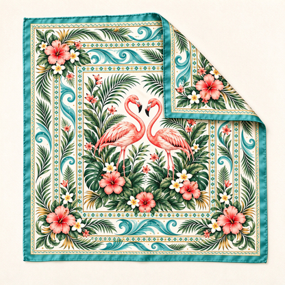 Vintage Flamingo Floral Silk Scarf 🦩 Elegant Tropical Square Scarf, Women Fashion Accessory