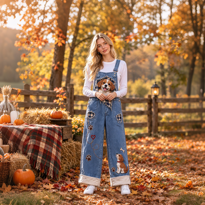🐶Cute Dog Print Denim Overalls