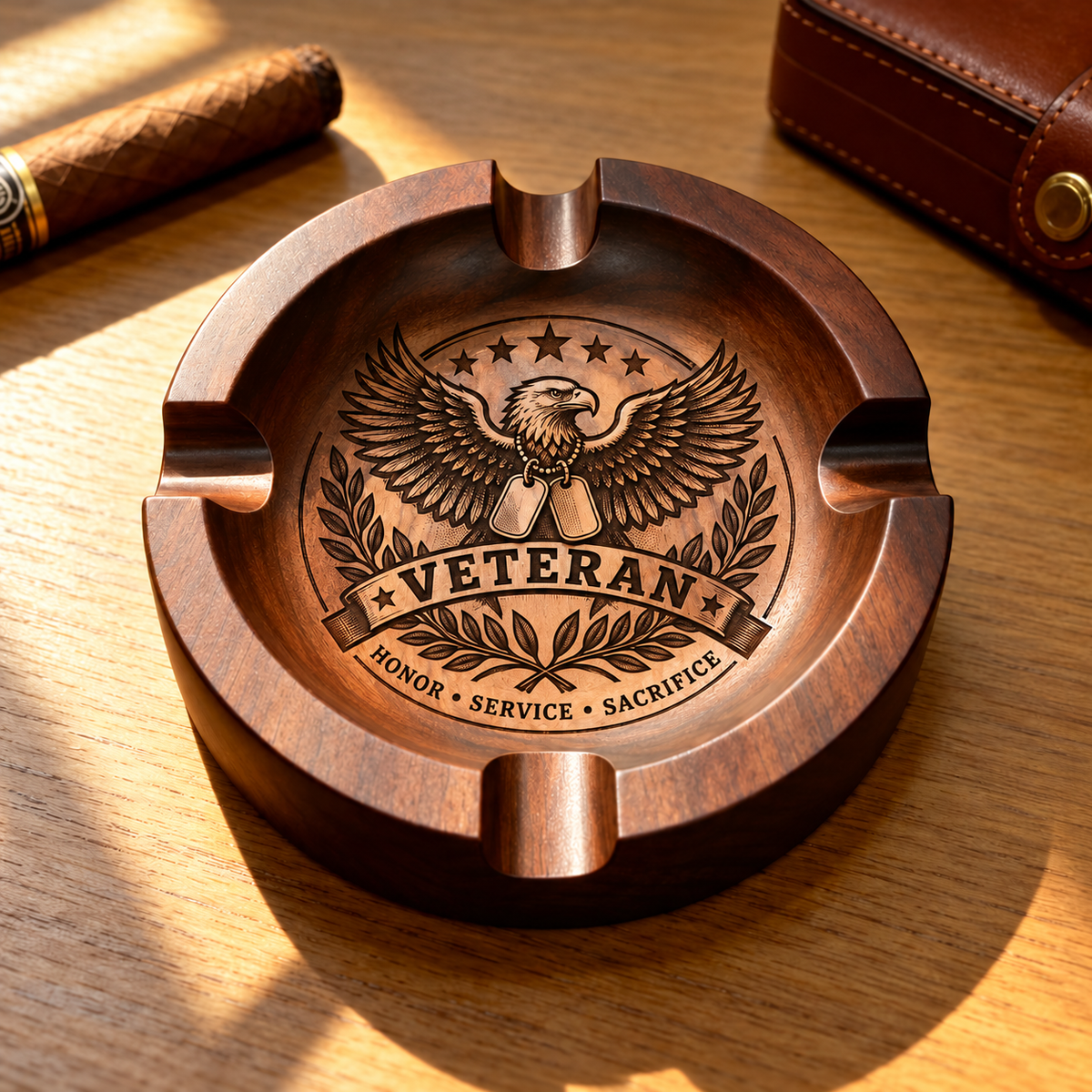 Veteran Engraved Wooden Ashtray, Eagle Patriotic Table Decor Tray, Meaningful Keepsake Gift for Veterans
