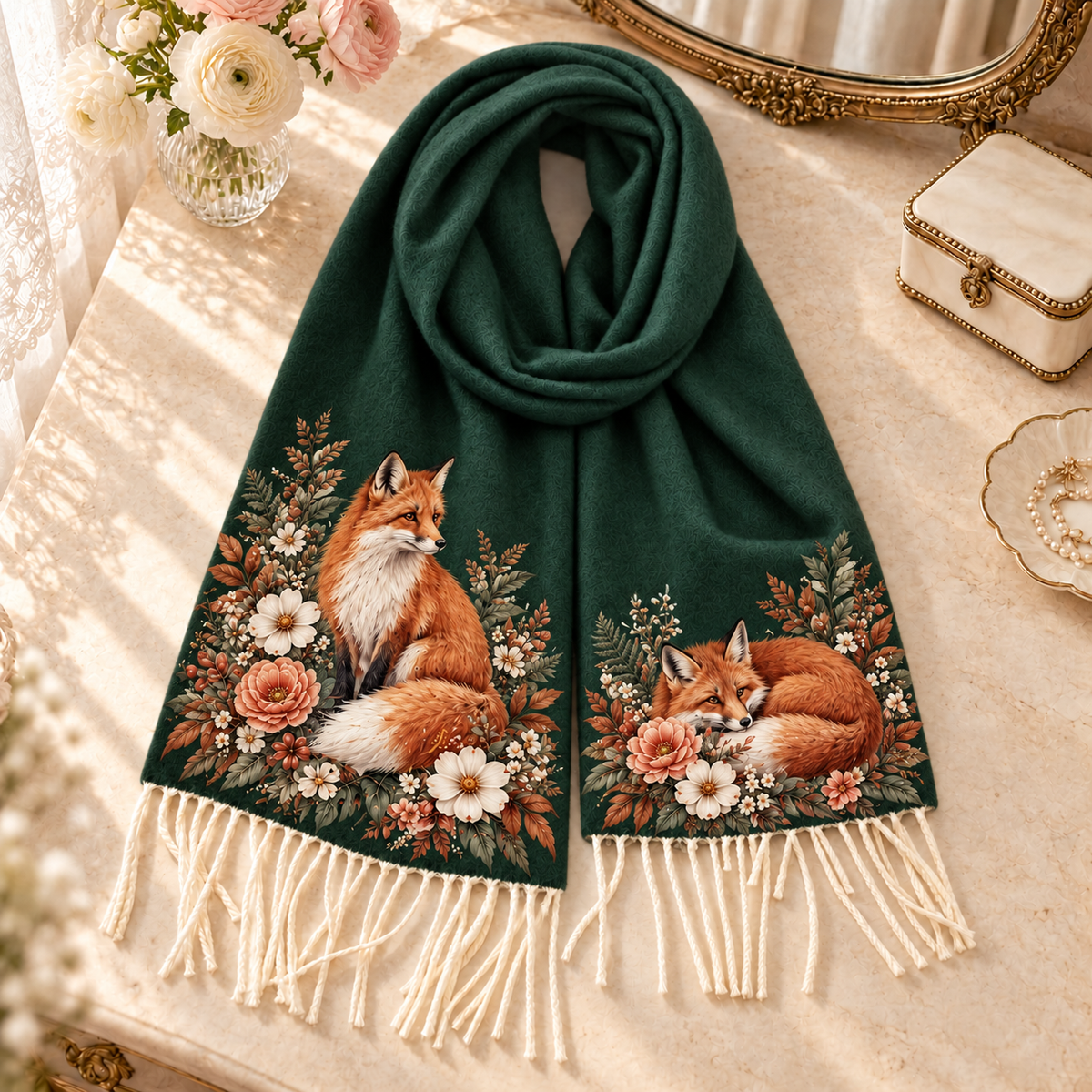 Vintage Floral Animal Tassel Scarf 🦊🦢