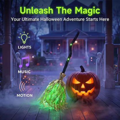 🧙‍♀️🧹Magic Halloween Animated Moving Witch Broom Light‑Sound‑Motion