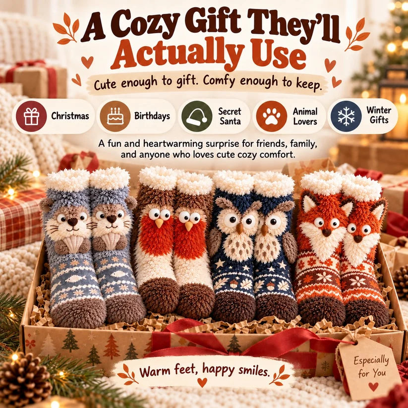 Cute Animal 3D Plush Crew Socks 🦊🐦🦦🦉