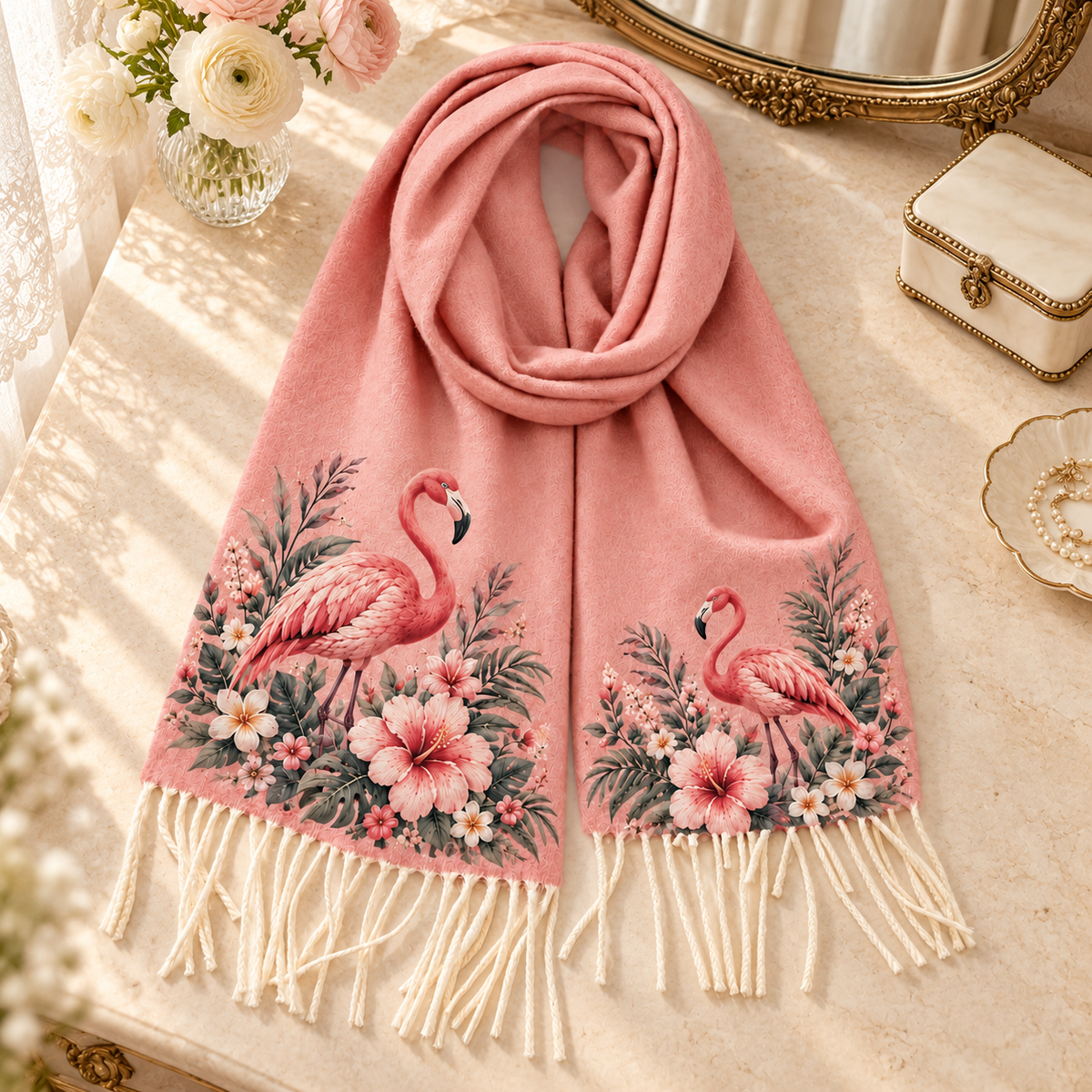 Vintage Floral Animal Tassel Scarf 🦊🦢
