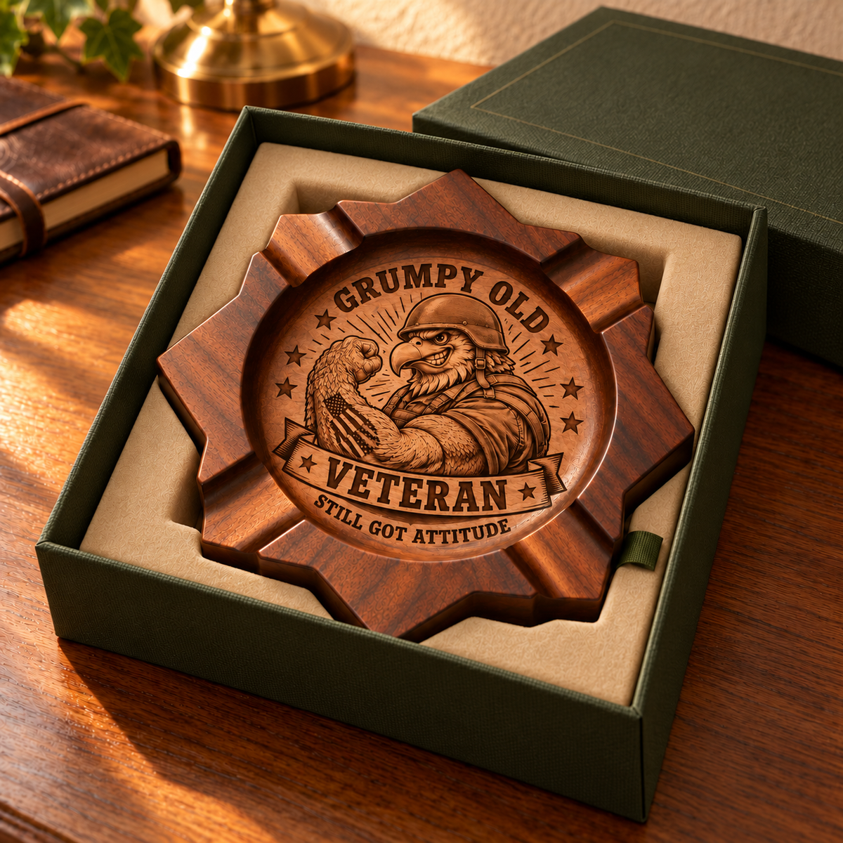Veteran Engraved Wooden Ashtray, Eagle Patriotic Table Decor Tray, Meaningful Keepsake Gift for Veterans