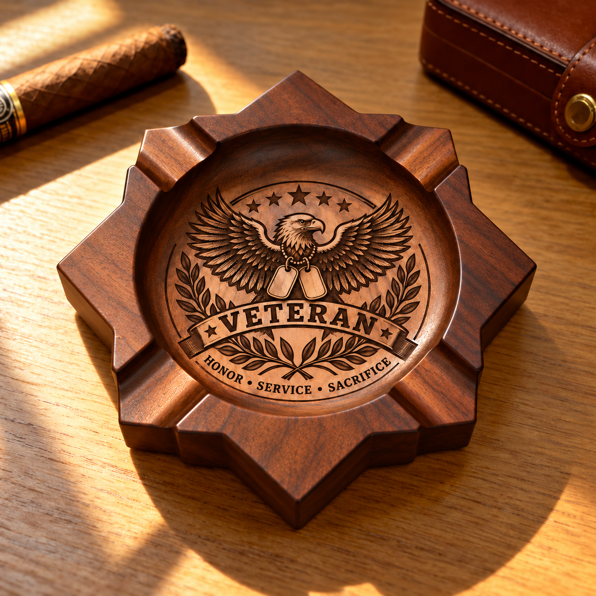 Veteran Engraved Wooden Ashtray, Eagle Patriotic Table Decor Tray, Meaningful Keepsake Gift for Veterans