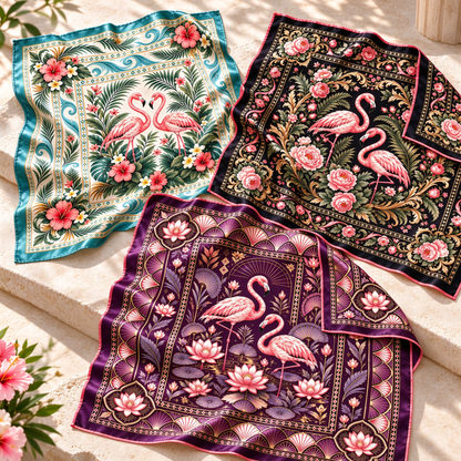 Vintage Flamingo Floral Silk Scarf 🦩 Elegant Tropical Square Scarf, Women Fashion Accessory