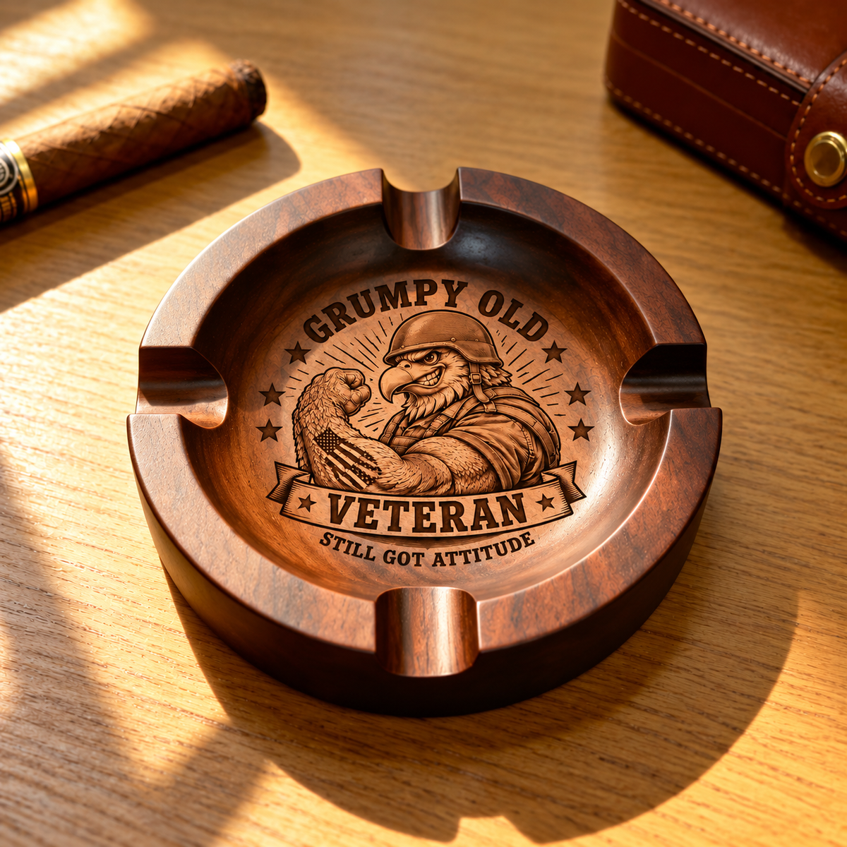 Veteran Engraved Wooden Ashtray, Eagle Patriotic Table Decor Tray, Meaningful Keepsake Gift for Veterans