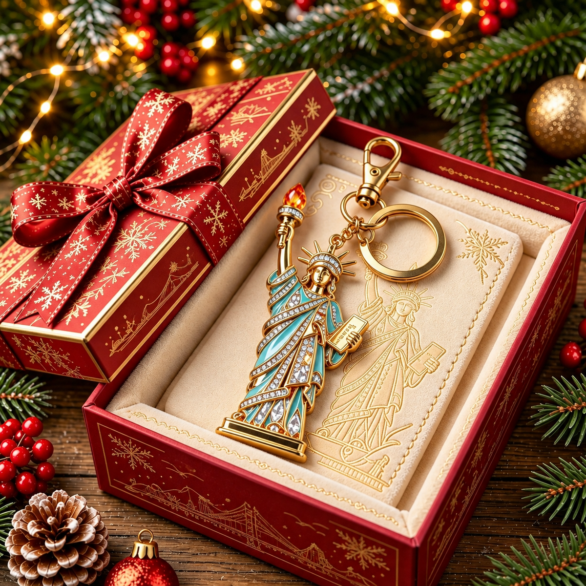 🔑🎁USA Landmark Crystal Keychain Collection - 5‑Styles Gold Plated Souvenir Ornament