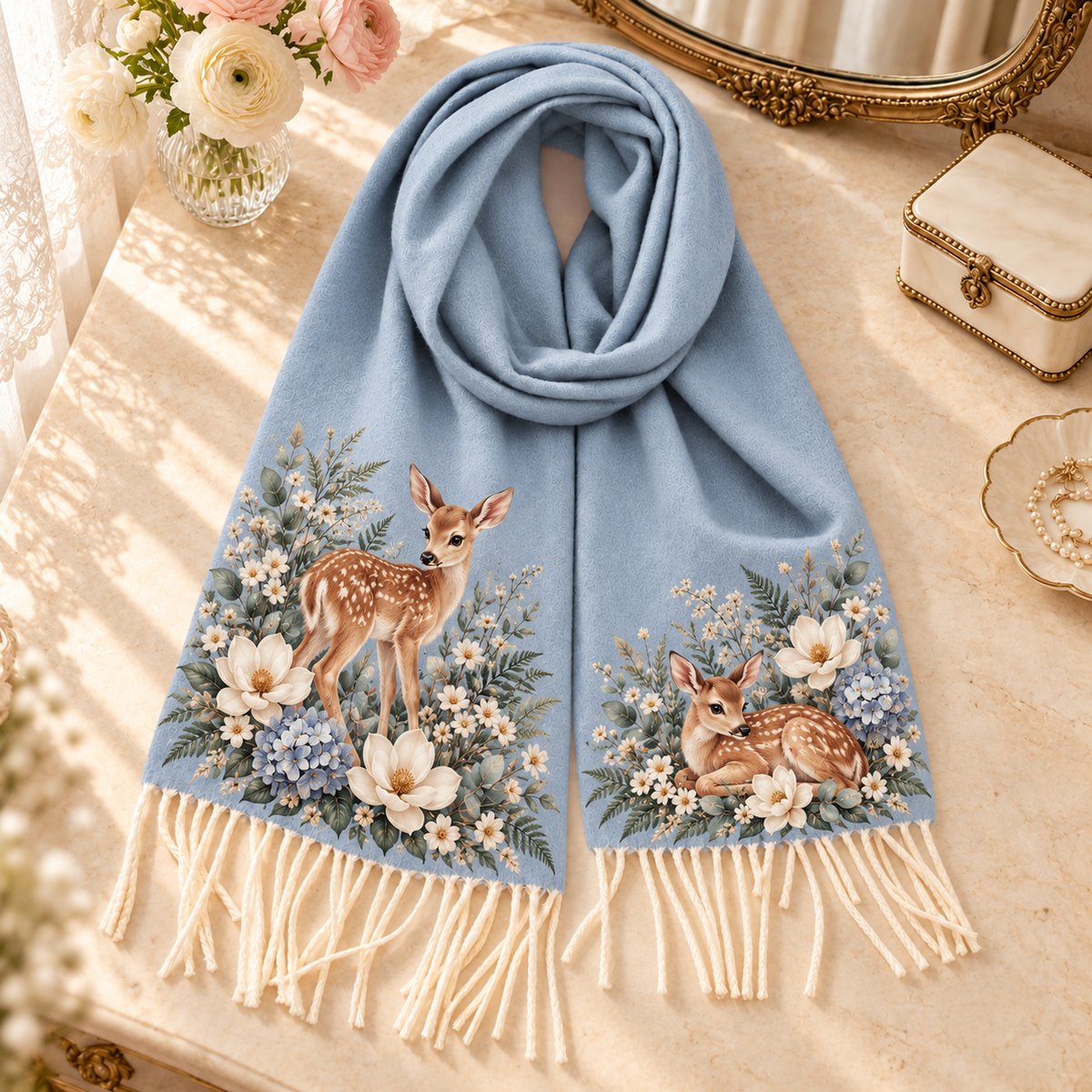 Vintage Floral Animal Tassel Scarf 🦊🦢