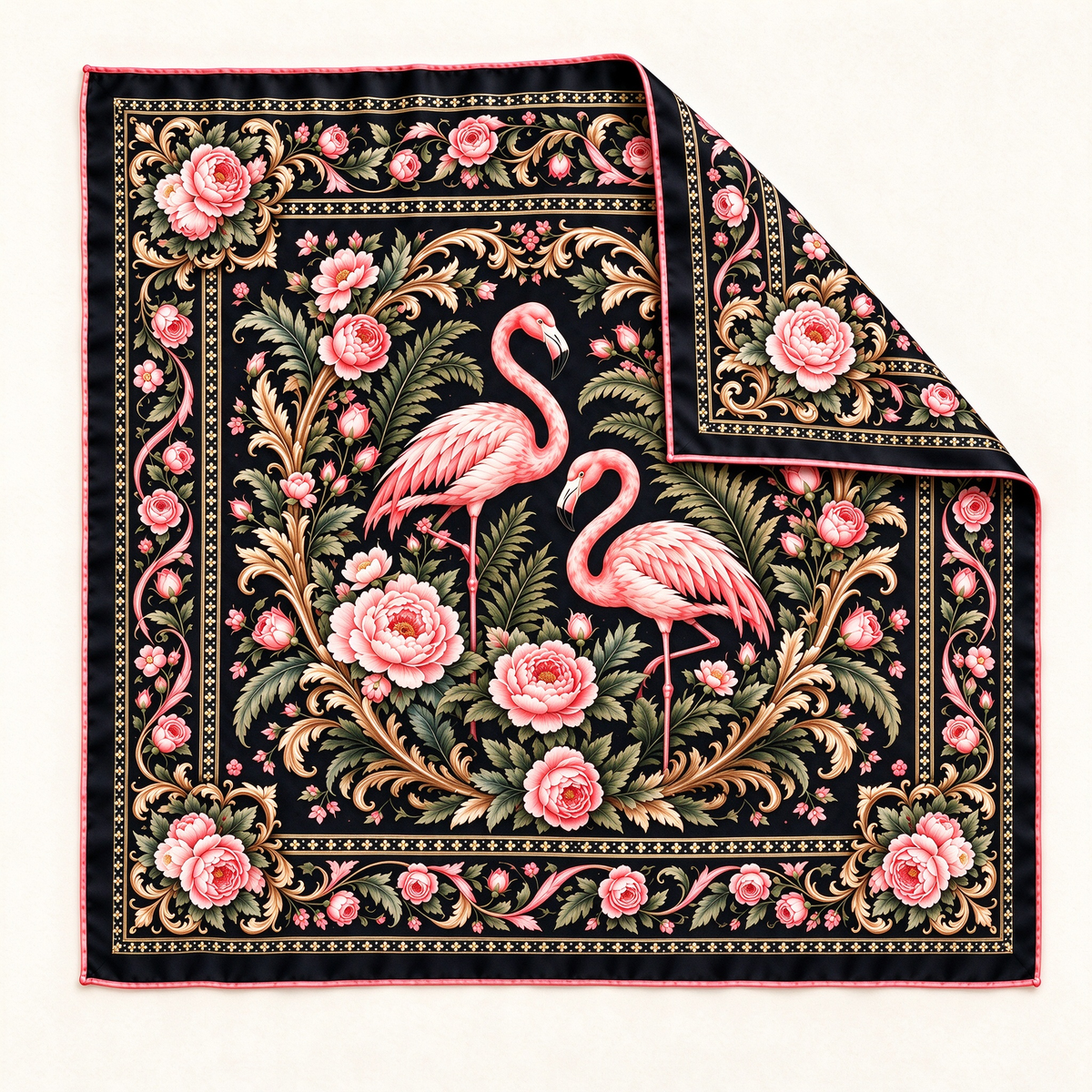 Vintage Flamingo Floral Silk Scarf 🦩 Elegant Tropical Square Scarf, Women Fashion Accessory