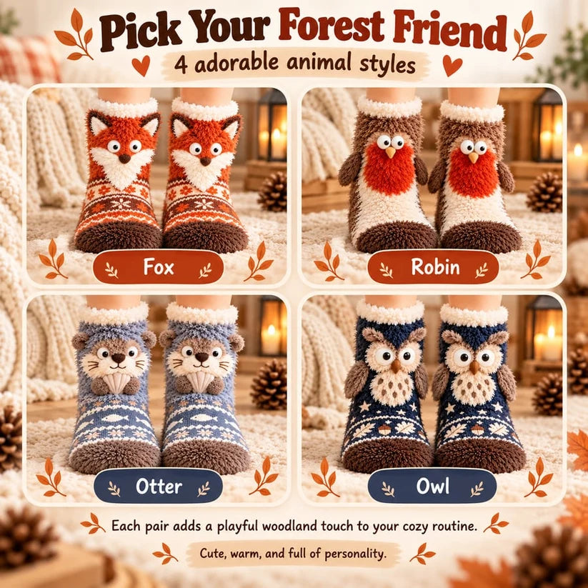 Cute Animal 3D Plush Crew Socks 🦊🐦🦦🦉