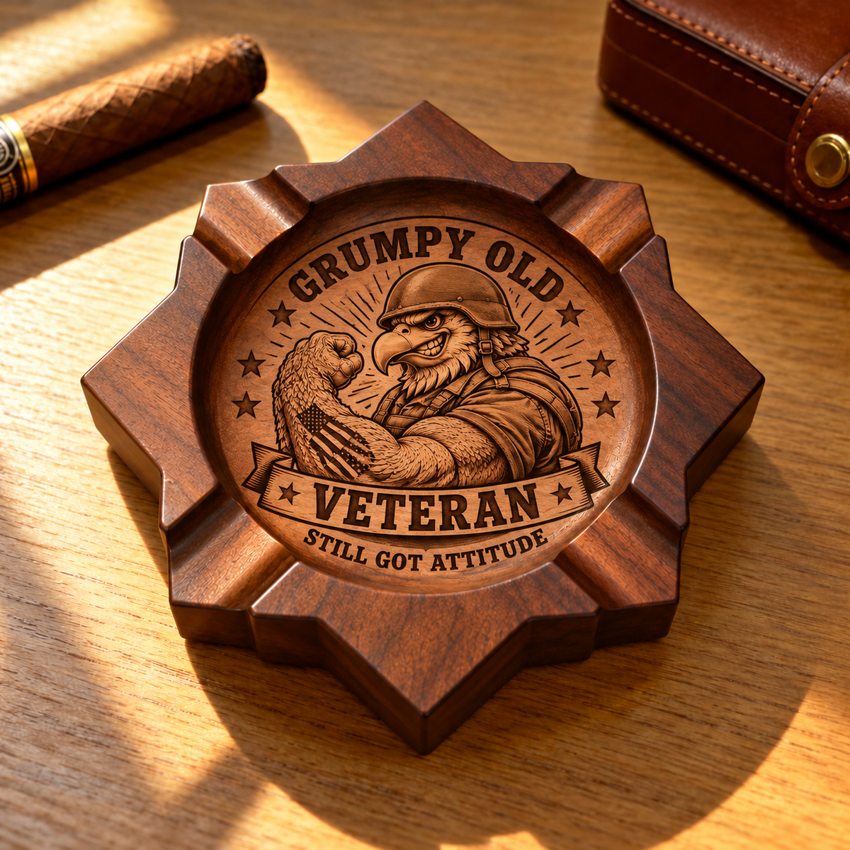 Veteran Engraved Wooden Ashtray, Eagle Patriotic Table Decor Tray, Meaningful Keepsake Gift for Veterans