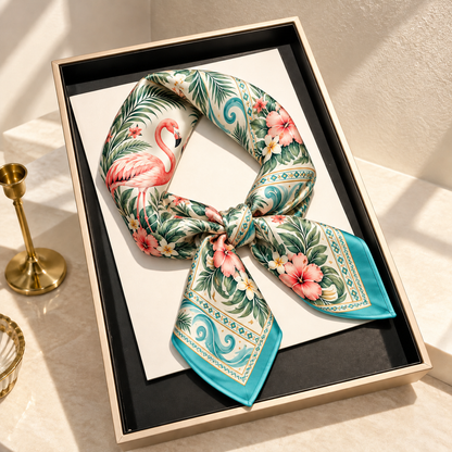 Vintage Flamingo Floral Silk Scarf 🦩 Elegant Tropical Square Scarf, Women Fashion Accessory