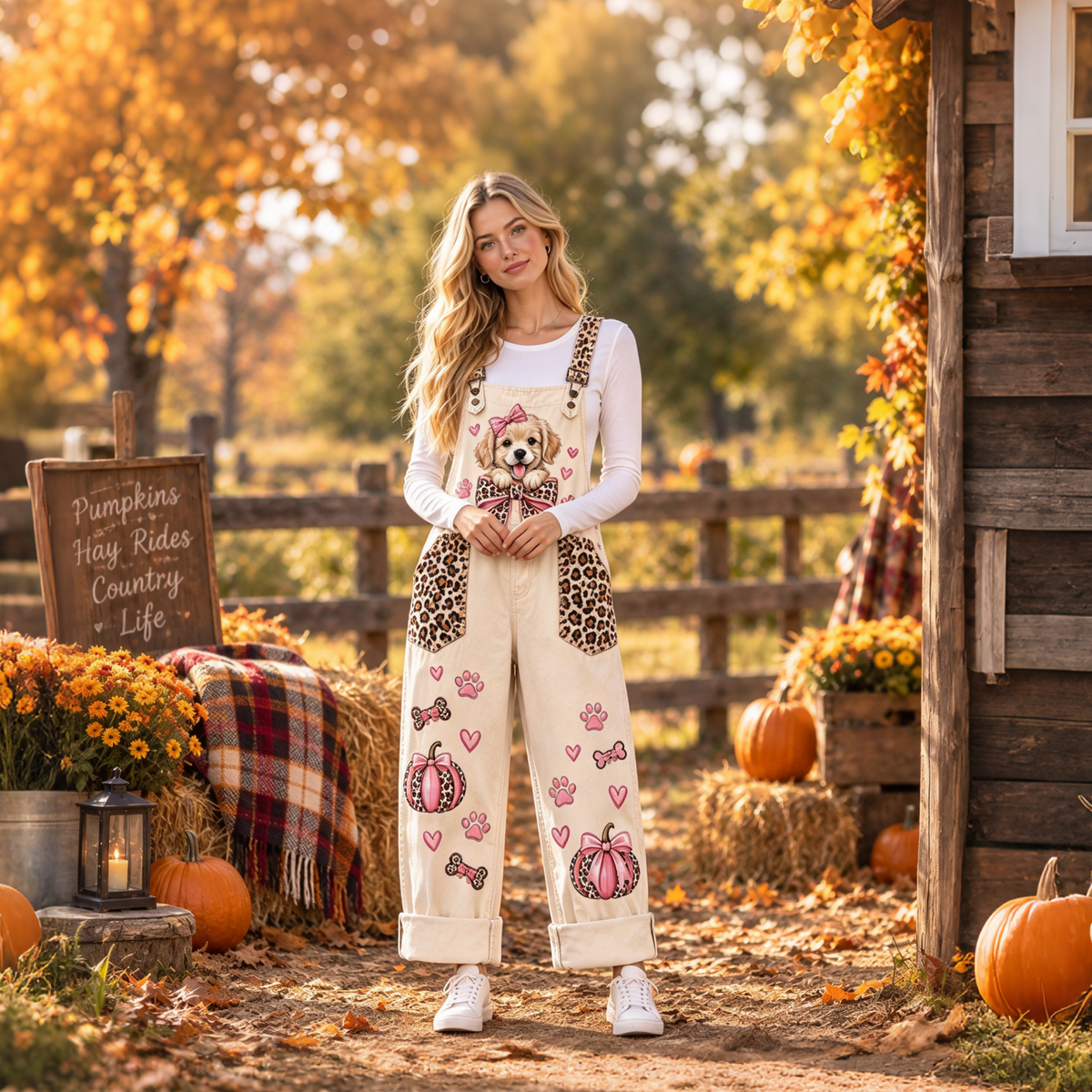 🐶Cute Dog Print Denim Overalls