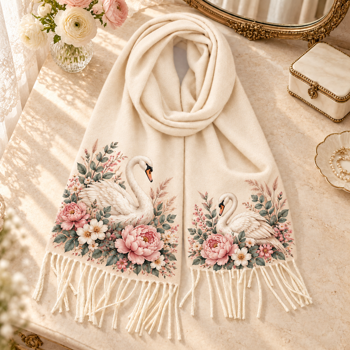 Vintage Floral Animal Tassel Scarf 🦊🦢