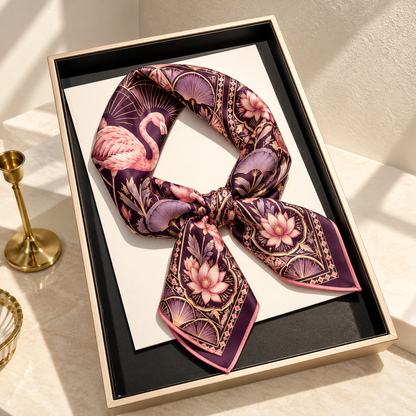 Vintage Flamingo Floral Silk Scarf 🦩 Elegant Tropical Square Scarf, Women Fashion Accessory