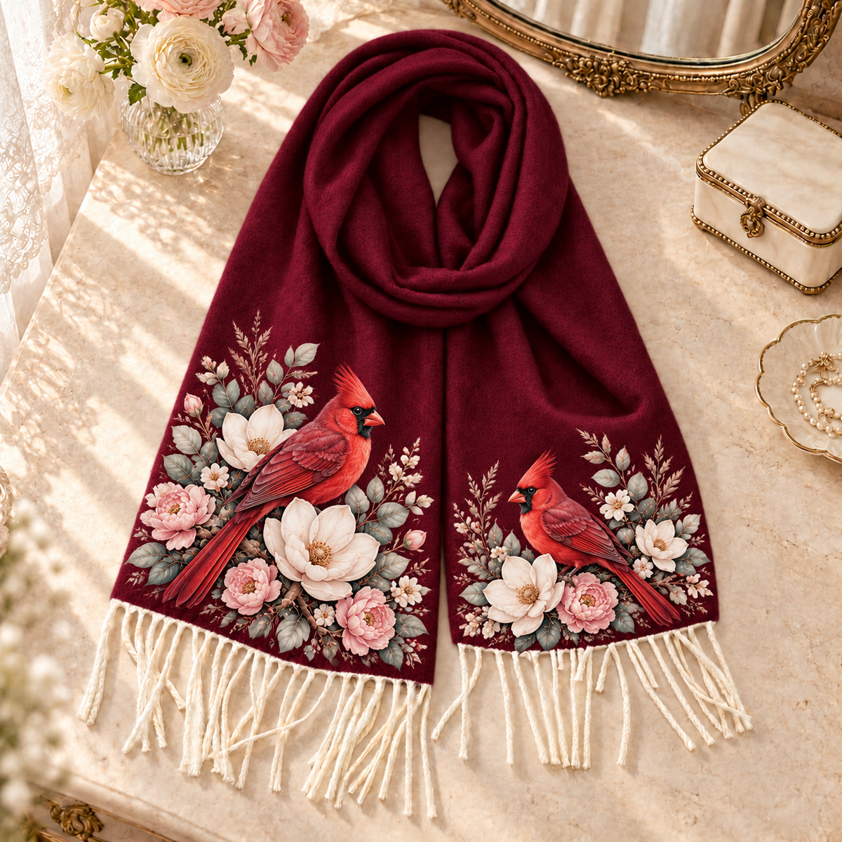 Vintage Floral Animal Tassel Scarf 🦊🦢