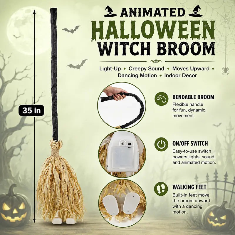 🧙‍♀️🧹Magic Halloween Animated Moving Witch Broom Light‑Sound‑Motion