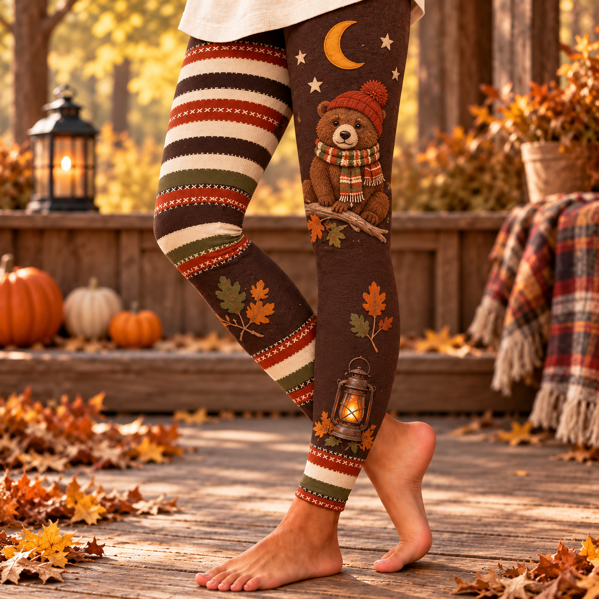Fall Woodland Animal Print Leggings, Cute Owl & Bear Autumn Maple Leaves Stripe Leggings