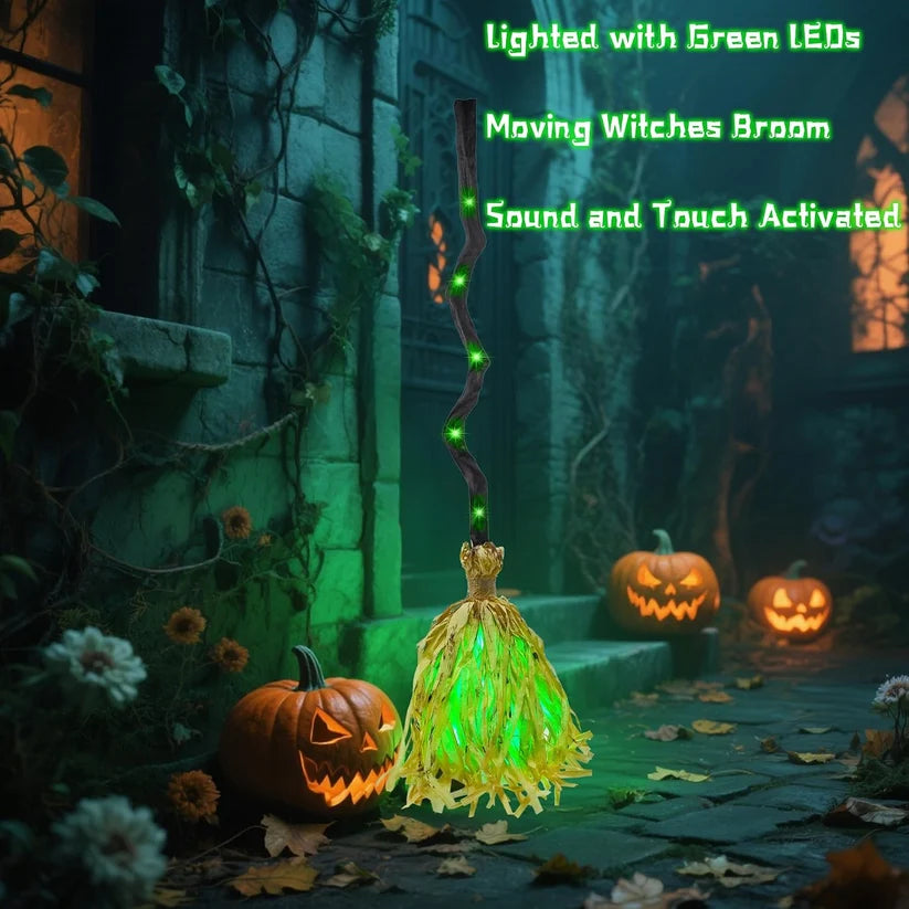 🧙‍♀️🧹Magic Halloween Animated Moving Witch Broom Light‑Sound‑Motion
