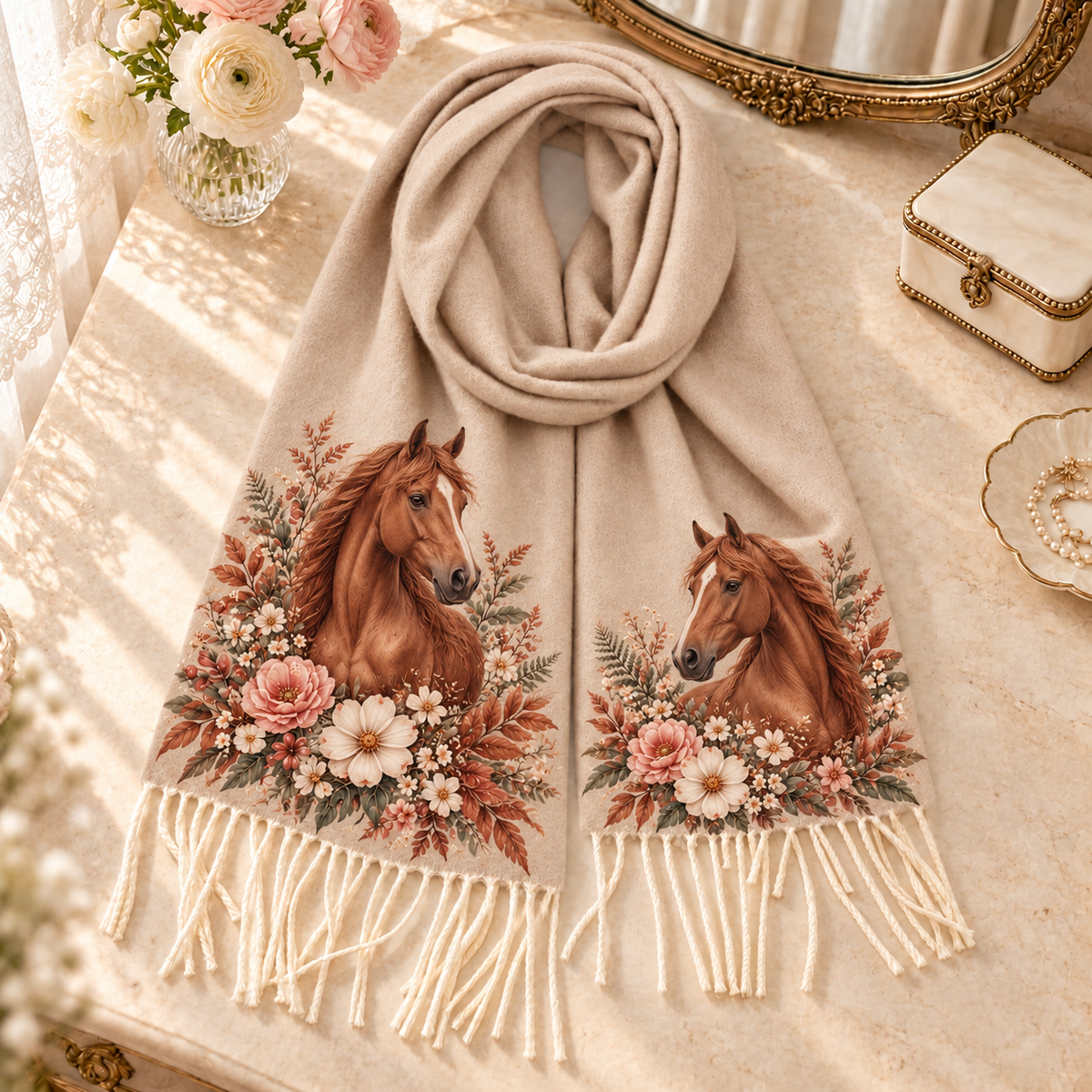 Vintage Floral Animal Tassel Scarf 🦊🦢