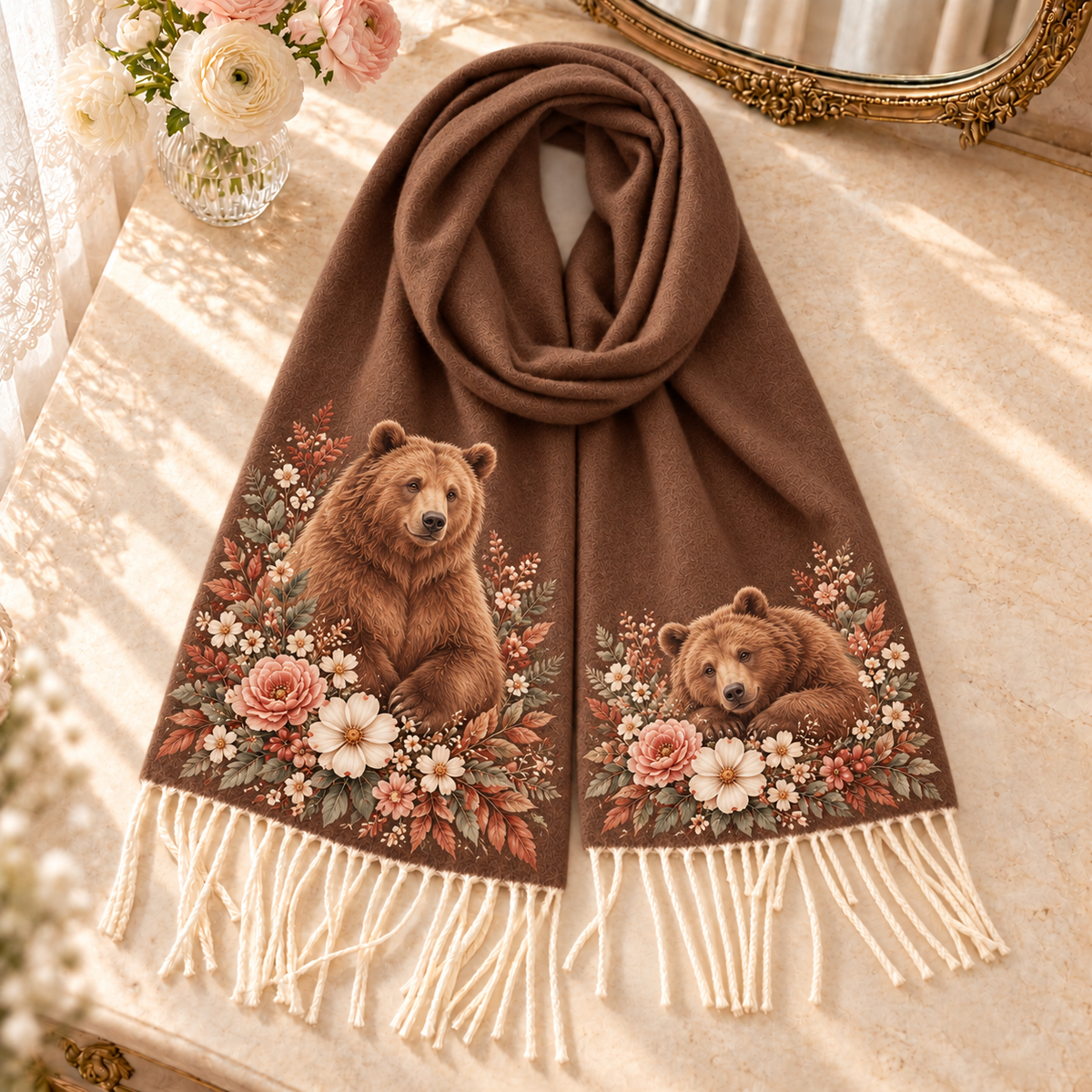 Vintage Floral Animal Tassel Scarf 🦊🦢