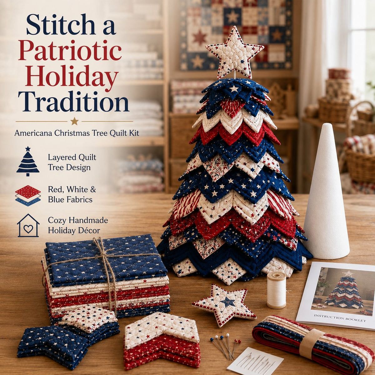 🔥Last Day 50% OFF - Americana Christmas Tree Quilt Kit | All-in-One Christmas Quilting Craft Kit