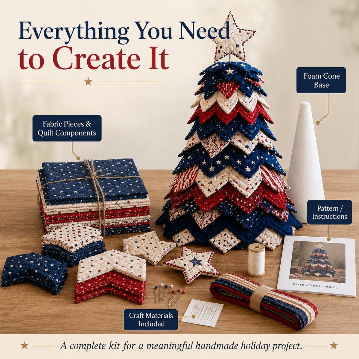 🔥Last Day 50% OFF - Americana Christmas Tree Quilt Kit | All-in-One Christmas Quilting Craft Kit