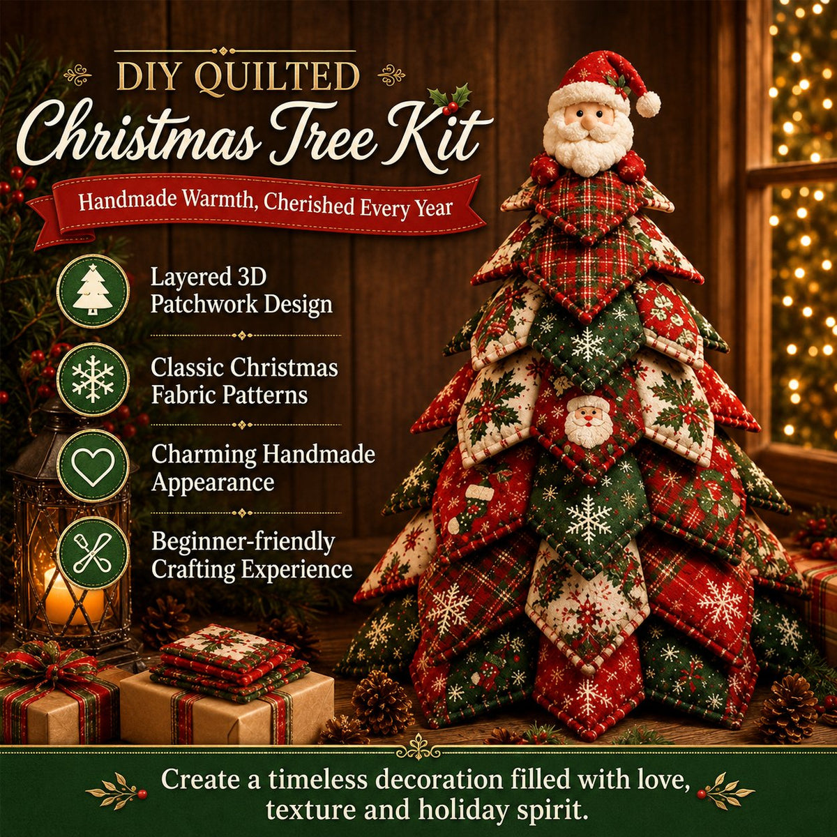 🔥Last Day 50% OFF - Americana Christmas Tree Quilt Kit | All-in-One Christmas Quilting Craft Kit