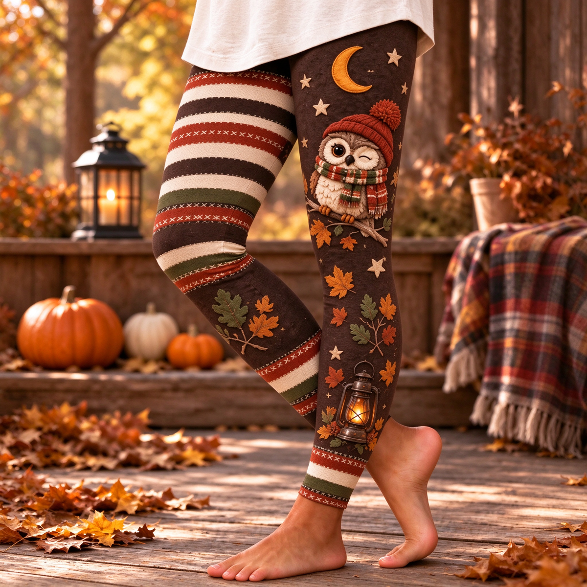 Fall Woodland Animal Print Leggings, Cute Owl & Bear Autumn Maple Leaves Stripe Leggings